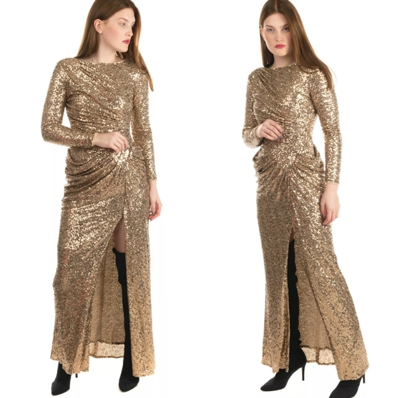 $899 NWT Badgley Mischka Gold Sequins Maxi Gown 14 - Picture 6 of 13
